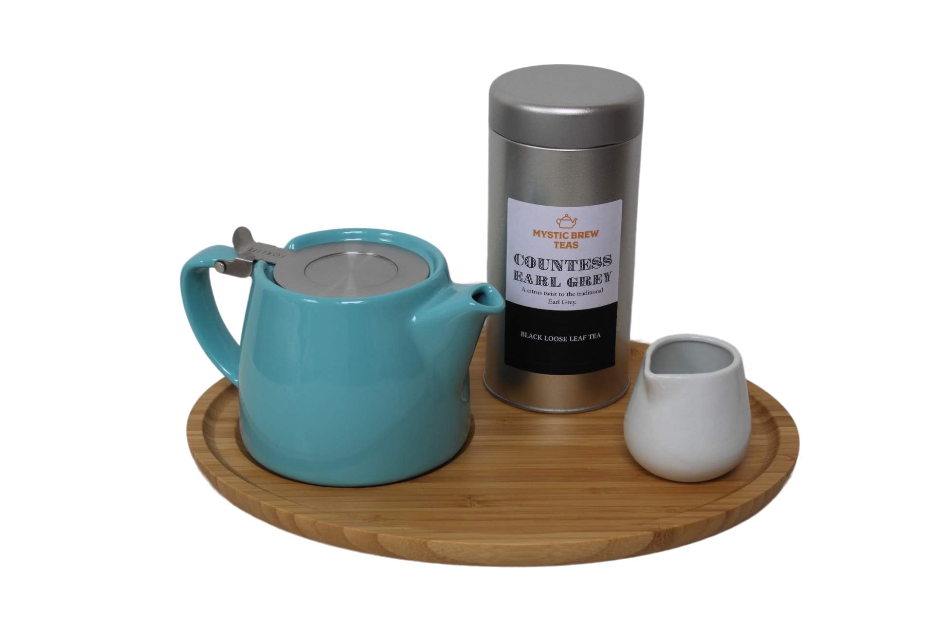 Forlife Teapot Turquoise, Bamboo Tray, Creamer & Countess Earl Grey 100g Caddy - Mystic Brew Teas